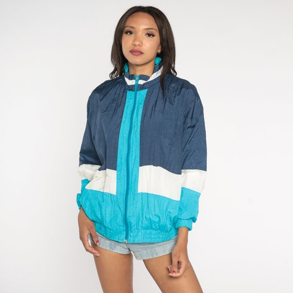 Striped Windbreaker 90s Zip Up Track Jacket Blue White Color Block Bomber Retro Lightweight Shell Streetwear Nylon Vintage 1990s Medium M