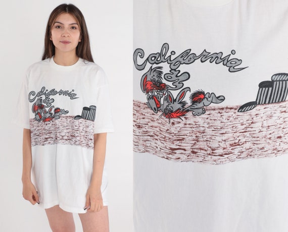 California Stoner T-Shirt 90s Funny Stoned Bunny Rabbit Graphic Tee Weed Joke Travel US Souvenir Tshirt White Vintage 1990s Large xl