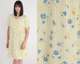Yellow Floral Dress Y2k Mini Dress Loose Flowy Short Sleeve Ribbed Flower Print Button up Casual Day Shirtdress Beach Vintage 00s 2xl xxl