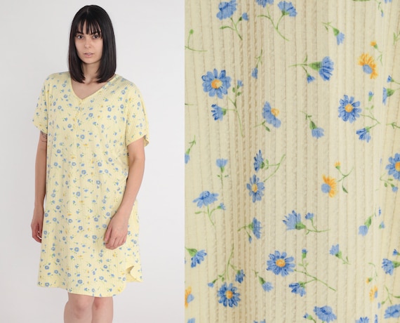 Yellow Floral Dress Y2k Mini Dress Loose Flowy Short Sleeve Ribbed Flower Print Button up Casual Day Shirtdress Beach Vintage 00s 2xl xxl