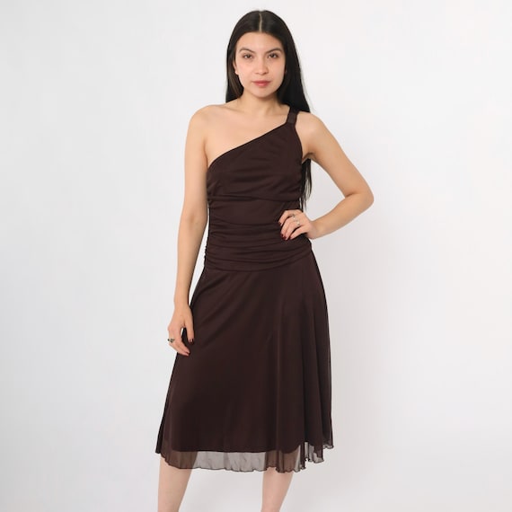 Y2K Brown Mesh Party Dress Vintage One Shoulder Night Out Ruched Asymmetrical Neckline Sleeveless Lettuce Edge Hem 00s Small S