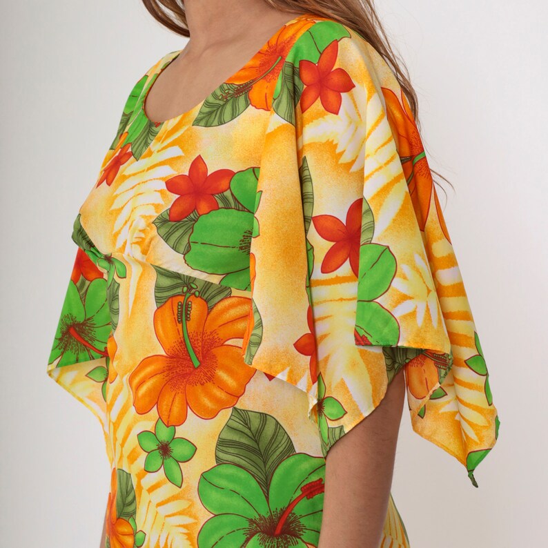70s Hawaiian Maxi Dress Angel Sleeve Floral Empire Waist Hippie ...