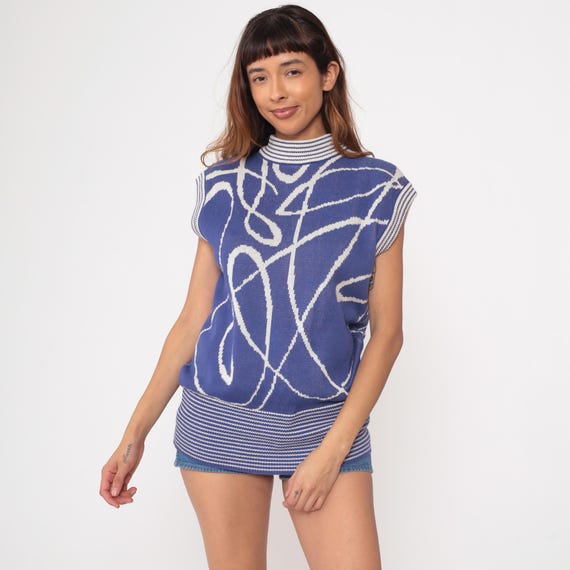 Geometric Squiggle Sweater Vintage 80s Periwinkle Blue White Knit Top Sleeveless Mock Turtleneck Tunic Length Striped Trim Abstract Small S