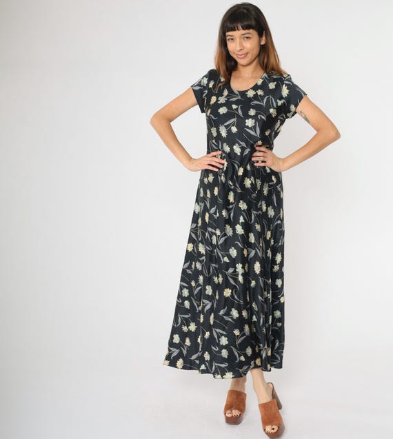 90s Floral Silk Dress Black Bohemian Grunge Scoop Neck Boho Maxi Nostalgia 1990s Vintage Sheath Short Sleeve Draped Large L