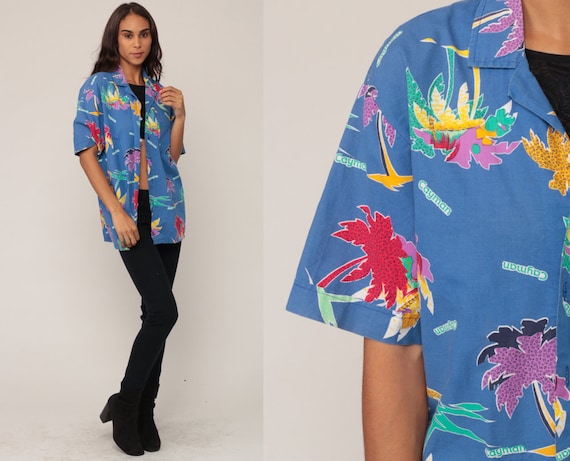 Tropical Shirt 80s Palm Tree Shirt CAYMAN ISLANDS Shirt Surfer Hawaiian Button Up Shirt Vintage Summer Top Beach Sea Blue Extra Large xl