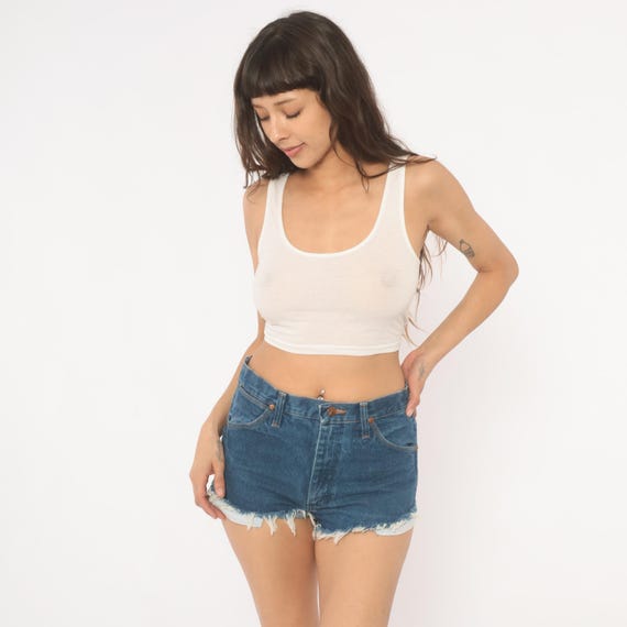 Wrangler Cutoff Shorts 90s Denim Cut Off Jean High Waisted Blue Cotton Frayed Hem Western Cowgirl Summer Raw Edge Distressed Vintage Small S