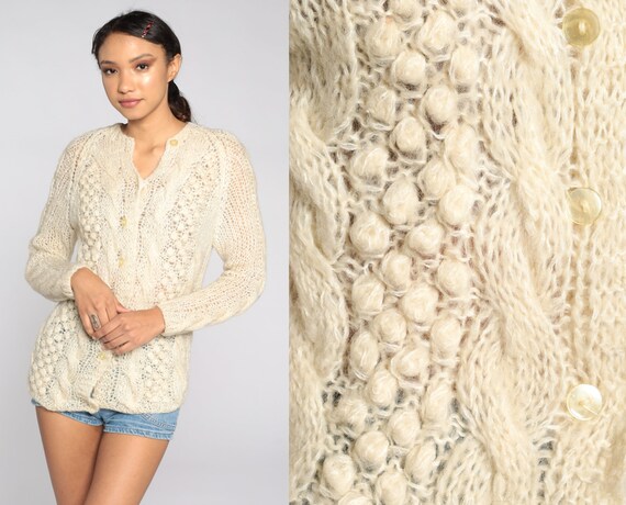 Cream Cardigan Sweater 70s Sheer Open 