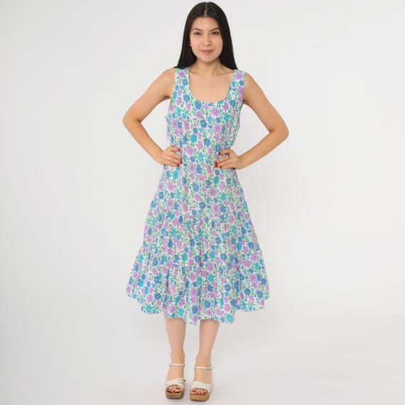 Vintage Floral Sundress 80s Midi Dress Flower Print Drop Waist Tiered Retro Day Sun Tank Sleeveless White Blue Purple 1980s Medium