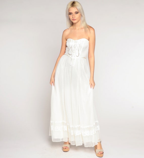 Vintage Wedding Dress 70s White Lace Maxi Dress P… - image 2