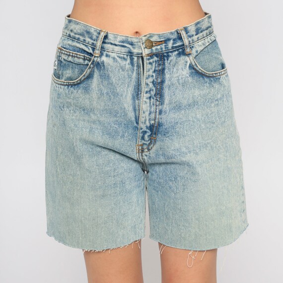 Denim Cutoffs 90s Cutoff Jean Shorts Stone Wash Blue High Waisted Frayed Cut Off Summer Bottoms Retro Anchor Blue Vintage 1990s Medium 29