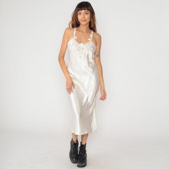 White Slip Dress 90s Lace Trim Strappy Back Cream Sleeveless Camisole Vintage Minimalist Coquette Nightgown Lingerie Bridal Lounge Small S