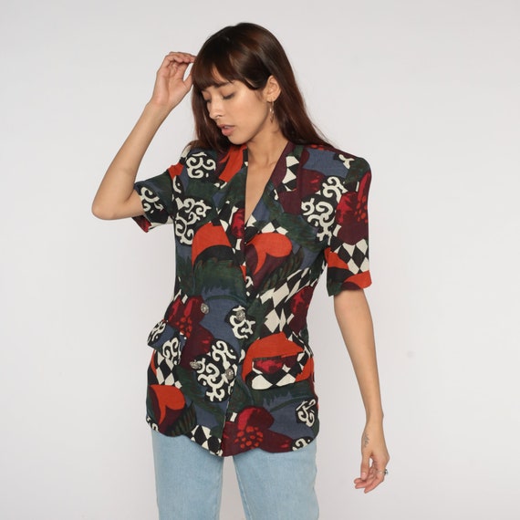 Abstract Print Blouse 90s Double Breasted Button Up Shirt Retro Secretary Top Fitted Short Sleeve Collared Blue Red Vintage 1990s Medium M