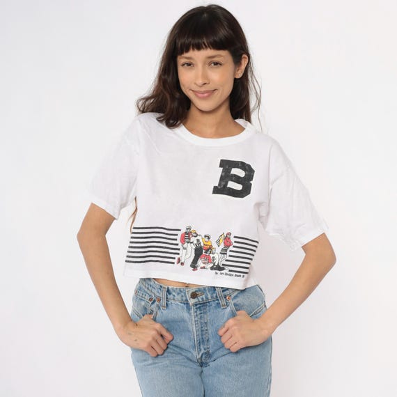 90s Crop Top Varsity Art Print White Graphic Tee Cropped T Shirt B Letter Illustrated Group Crew Neck Vintage Streetwear College Large L