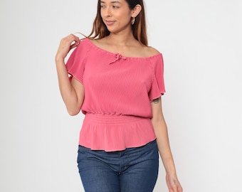 Pleated Off Shoulder Top 70s Coral Pink Flutter Sleeve Vintage Boho Romantic Tie Front Feminine Peasant Prairie Dreamy Soft Medium M