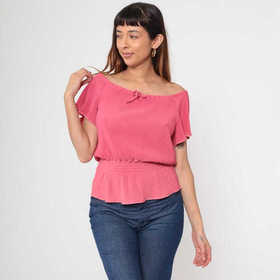Pleated Off Shoulder Top 70s Coral Pink Flutter Sleeve Vintage Boho Romantic Tie Front Feminine Peasant Prairie Dreamy Soft Medium M