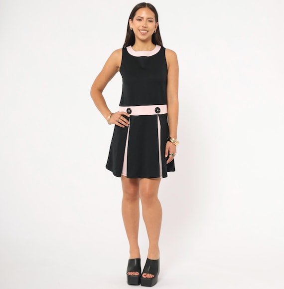 Y2K Black Pink Mod Shift Dress Scooter Colorblock Mini Pleated Skirt Bonnie Jean 60s Style Collegiate Schoolgirl Blush Contrast Trim Small S