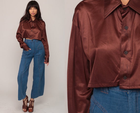 Long Sleeve Crop Top Cropped Shirt 70s Blouse Bohemian Brown Shirt Button Up Disco Top Boho Hippie 1970s Seventies Large