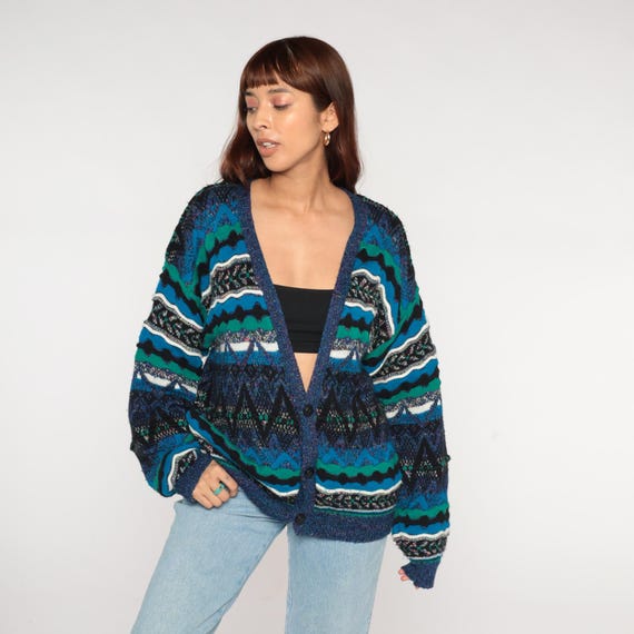 90s Abstract Cardigan Blue Green Black Geometric Patterned Knit Sweater Button Front Textured Acrylic Vintage Long Sleeve Bold Print Large L