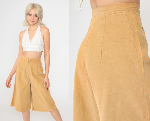 Vintage Corduroy Gaucho Pants 70s Mustard Yellow High Waist Wide Leg Cropped Trousers 1970s Capri Pants Extra Small xs