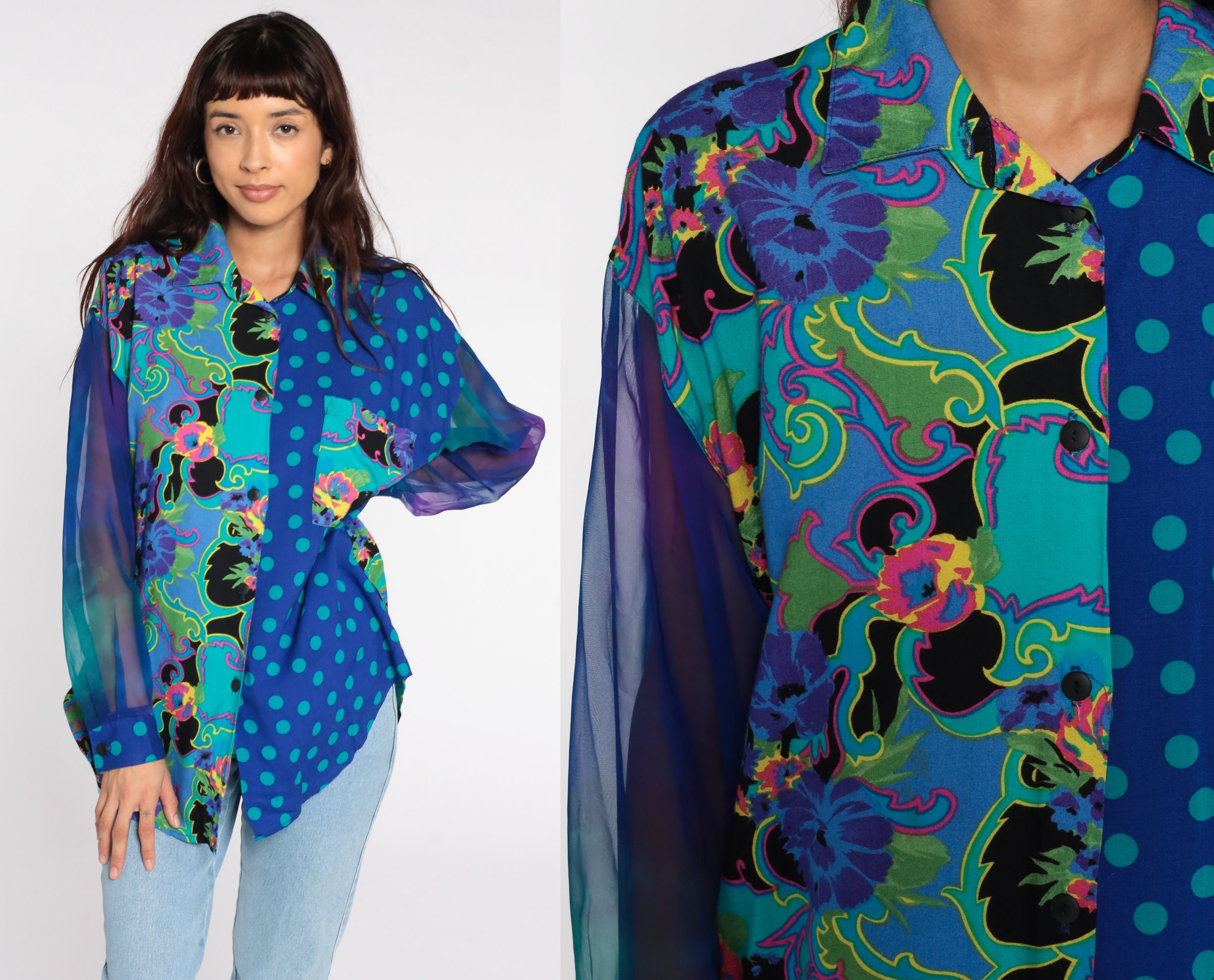 Polka Dot Blouse 90s Sheer Chiffon 