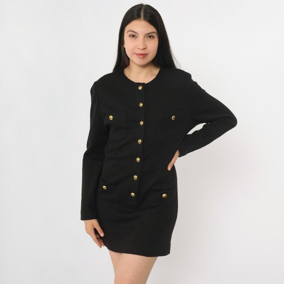 Vintage Black Button Up Dress 80s Wool Blend Knit Mini Long Sleeve Sweater Dress Preppy Shift 1980s Plain Dark Academia Office Retro Small S