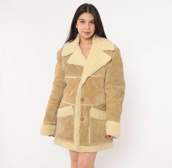 70s Shearling Jacket Coat Tan Suede Leather Sherpa Button Front Cream Sand Camel Winter Warm Patchwork Panel Wool Lined Extra Large XL