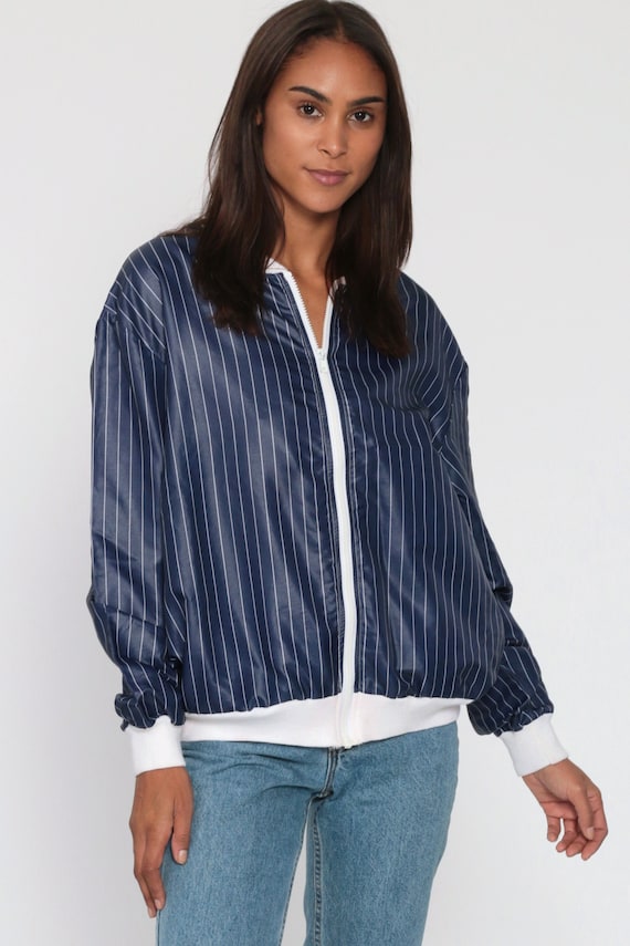 Blue Baseball Jacket -- 80s Striped Pierre Cardin Bomber Jacket Windbreaker Jacket Navy White Ringer Coach 1980s Sportswear Medium Large