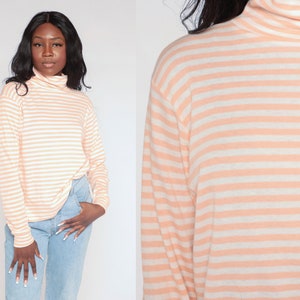 Striped Turtleneck Shirt 80s Long Sleeve Top Retro Basic Hipster Turtle Neck Pullover Simple Casual Blouse White Peach Vintage 1980s Large L image 1