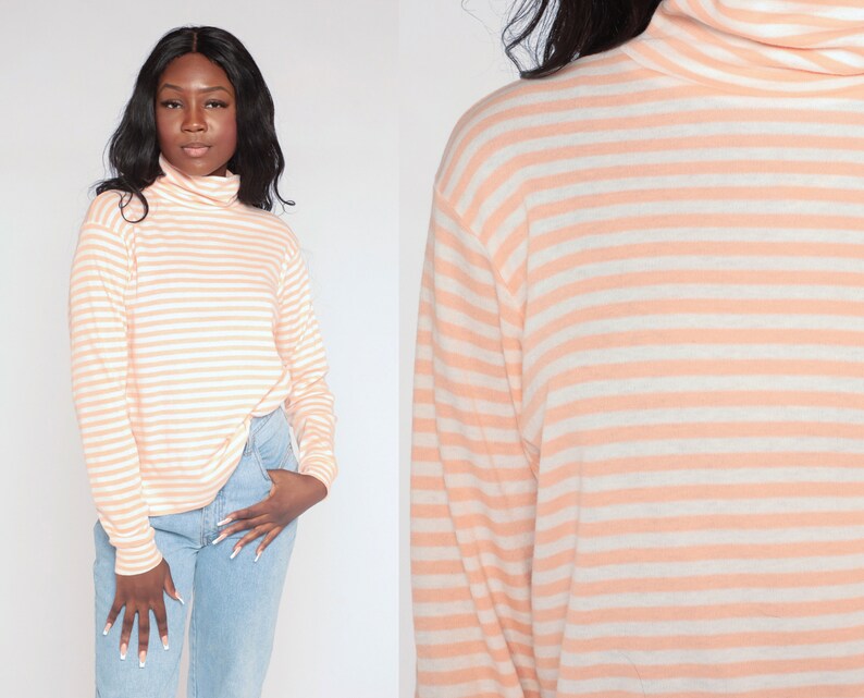 Striped Turtleneck Shirt 80s Long Sleeve Top Retro Basic Hipster Turtle Neck Pullover Simple Casual Blouse White Peach Vintage 1980s Large L image 1