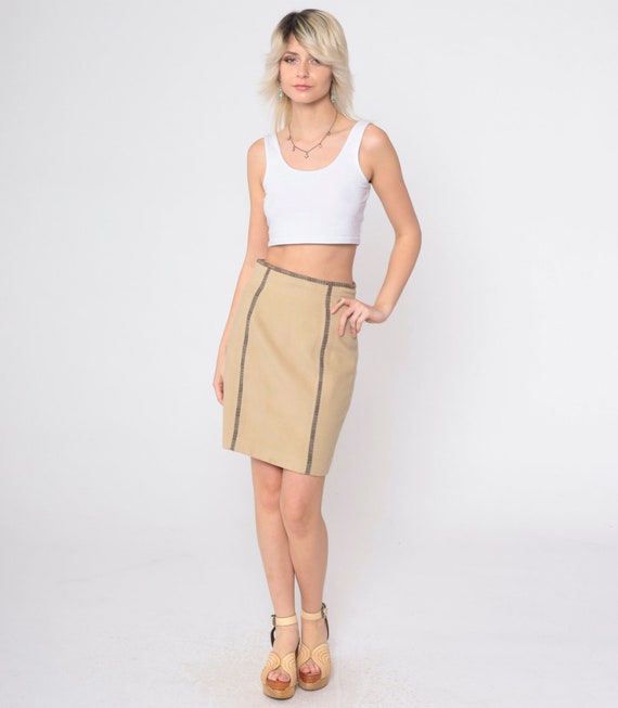 Tan Pencil Skirt 90s Mini Skirt Wool Blend Retro Plain Simple High Waisted Wiggle Skirt Tight Fitted Skirt Preppy Plain Vintage 1990s Small