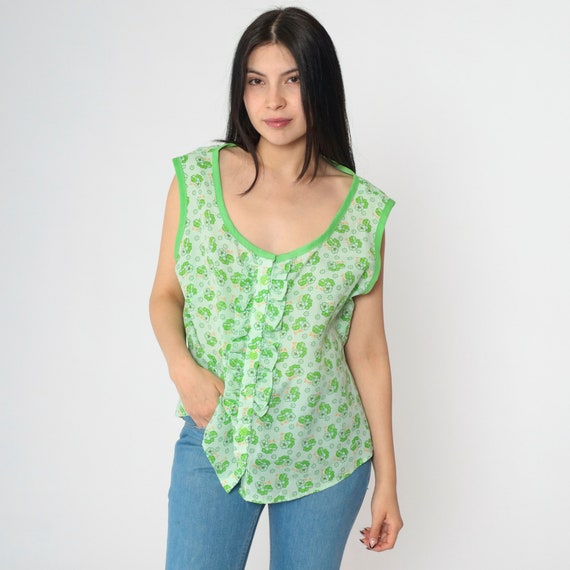 70s Floral Tank Top Green Ruffled Shirt Retro Hippie Blouse Boho Sleeveless Button Up Bohemian Summer Flower Vintage 1970s Extra Large xl