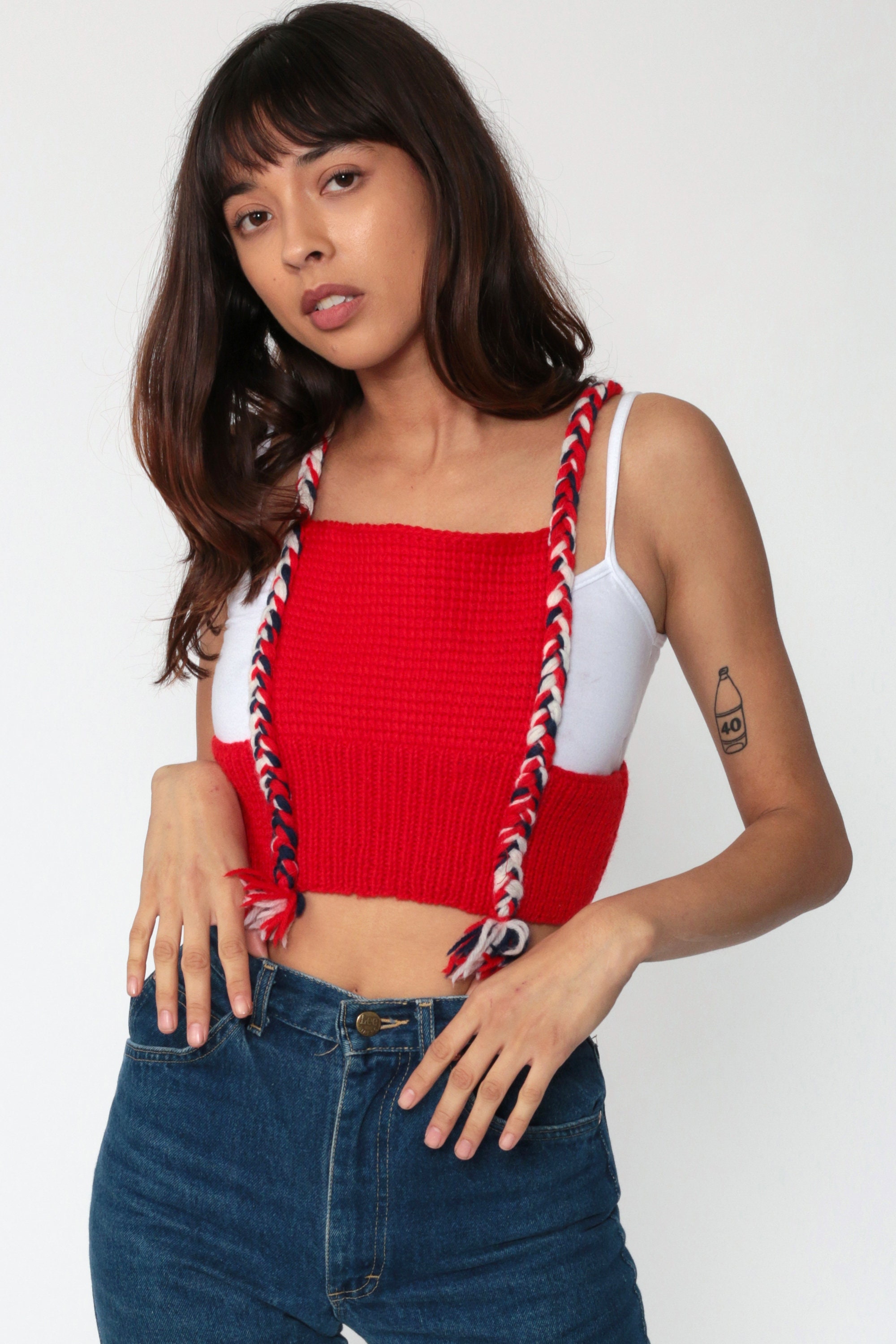 Bohemian Vest HIPPIE Tank Top Knit Crop Top Boho Blouse 70s Festival Bohemian Red 1970s Hippy 