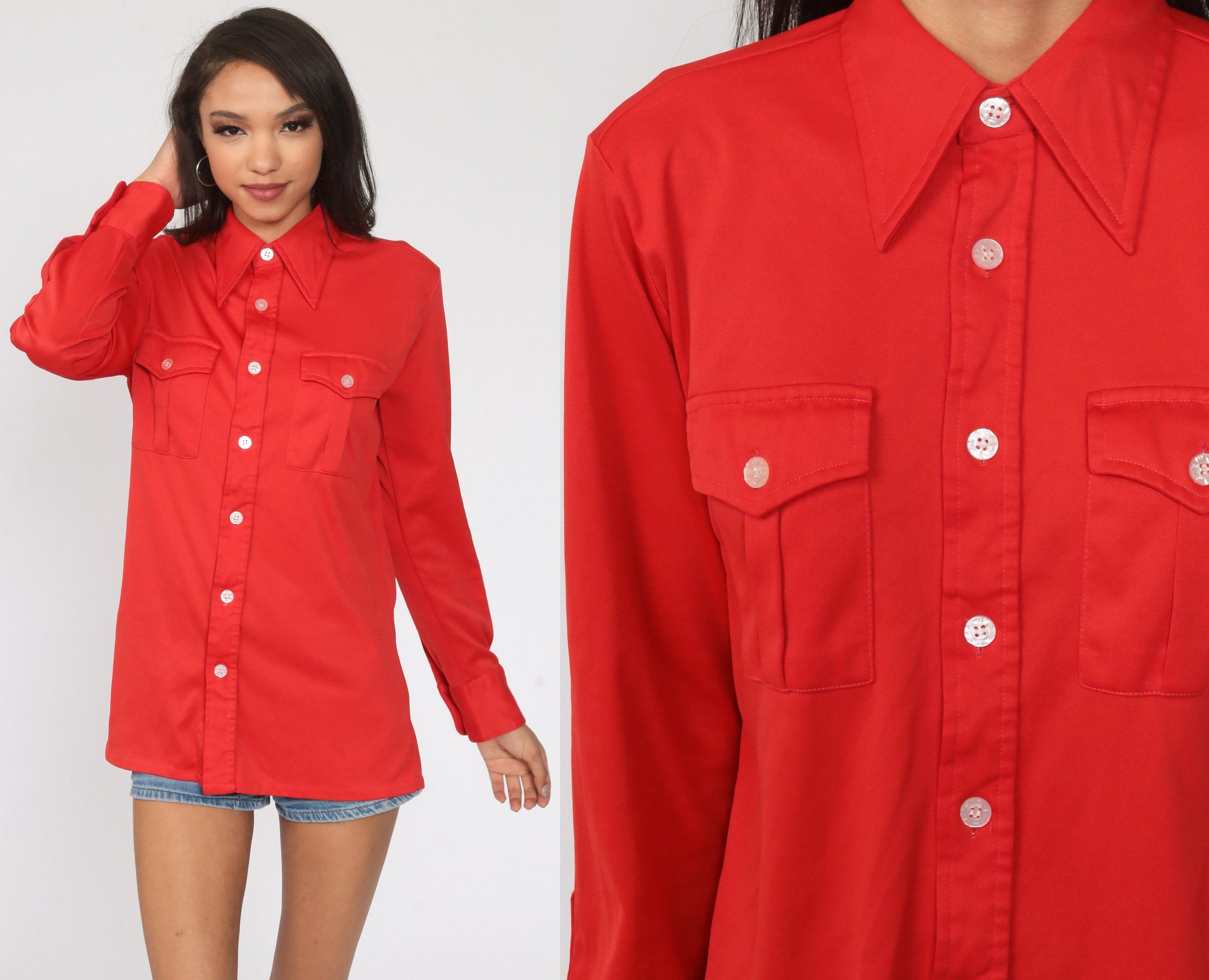 70s Red Shirt Dagger Collar Shirt Button up Shirt Long Sleeve Etsy