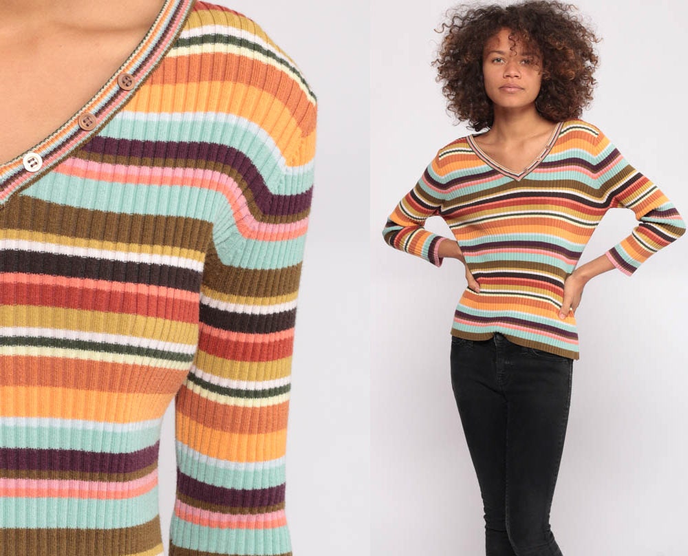 Rainbow Striped Sweater 90s Rainbow Knit Sweater V Neck Rainbow Striped Sweater 90s Rainbow Knit Sweater V Neck