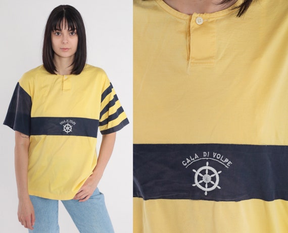 Nautical T-Shirt 80s Striped Henley Shirt Yellow Blue Embroidered Ships Helm Logo Tee Cala Di Volpe Italy TShirt Retro Vintage 1980s Large L