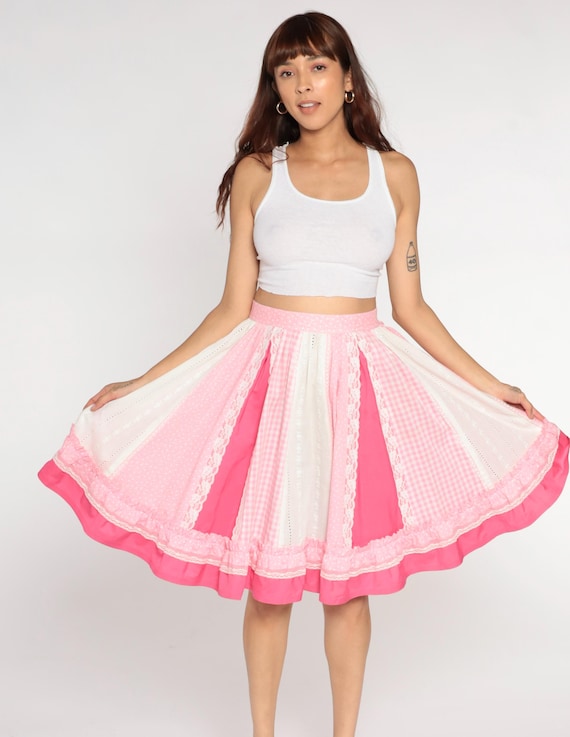 Coquette Pink Skirt Vintage 70s Gingham Lace Cottagecore Feminine Delicate Romantic High Waisted Circle Skirt Ultra Feminine  Medium M