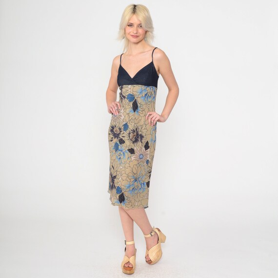 Denim Floral Sundress Y2k High Low Hem Midi Dress Empire Waist Dress Dark Blue Jean Summer Vintage 00s Surplice V Neck Extra Small xs