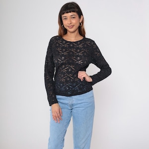 Vintage Sheer Black Lace Shirt 90s Retro Long Sleeve Tee Gothic Blouse Romantic Feminine Floral Top 1990s Small S