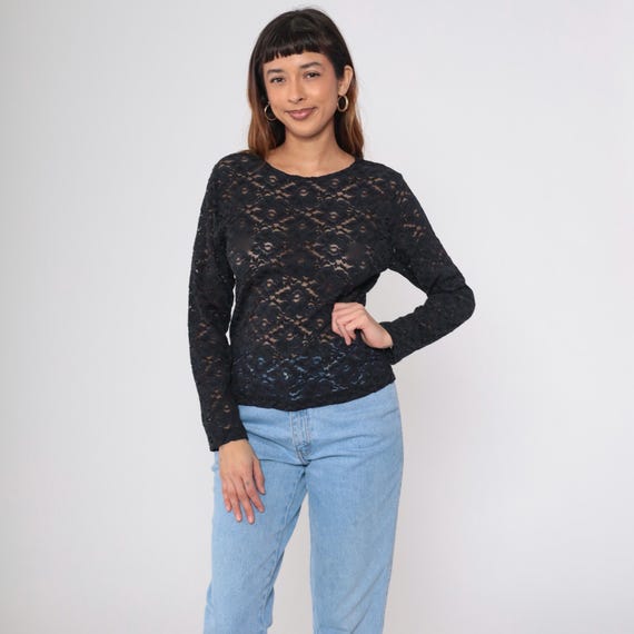Vintage Sheer Black Lace Shirt 90s Retro Long Sleeve Tee Gothic Blouse Romantic Feminine Floral Top 1990s Small S