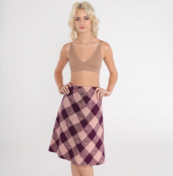 Pink Checkered Skirt 60s Mod Knee Length Midi Skirt Retro Preppy A Line Plaid Check Print High Waisted Secretary Chic Vintage 1960s Medium M