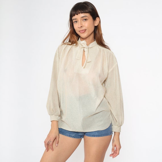 Sheer Gold Blouse 70s BOW Shirt Metallic Ascot Top Cream Disco Party Keyhole Boho Seventies Vintage 1970s Long Sleeve Shirt Oversize Medium