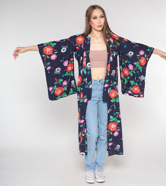 Floral Kimono Robe Jacket 90s Bohemian Wrap Blue Cotton Flower Print Vintage Boho Hippie Sleeve Japanese Festival Small