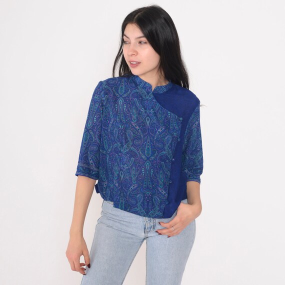 Blue Paisley Blouse 90s Asymmetrical Button Up Top Half Sleeve Shirt Boho Hippie Bohemian Psychedelic Groovy Vintage 1990s Medium Large