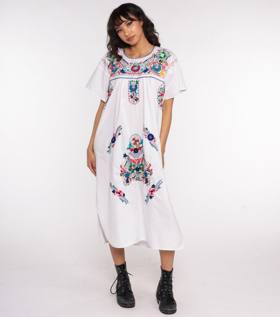 Vestido blanco mexicano Floral BORDADO Midi Hippie Boho Carpa | Etsy España