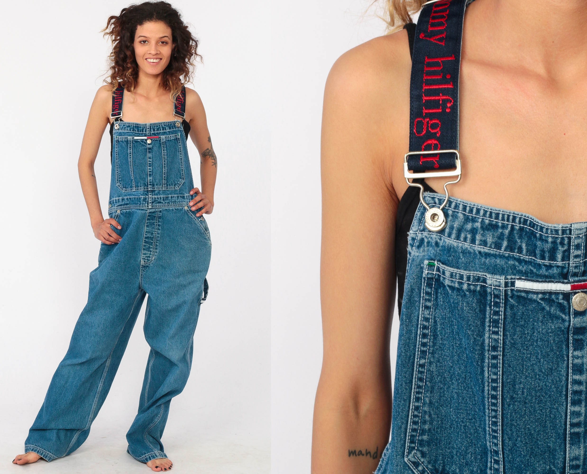 Hilfiger Overalls Pants 90s Streetwear Denim SPELLOUT Pants Bib Baggy Spell Out Long Jean Pants 1990s Hipster Vintage Dungarees Medium