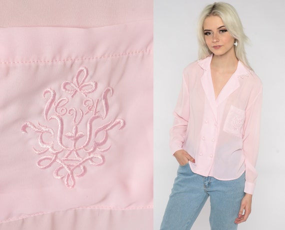 Baby Pink Button up 80s Semi-sheer Blouse Double Breasted Collared