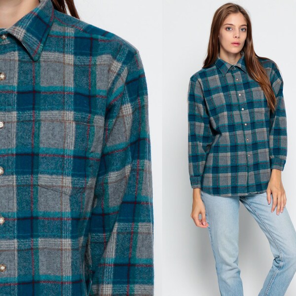 Wool Plaid Shirt 90s Grey Checkered Grunge Blue 1990s Jacket Lumberjack Flannel Long Sleeve Button Up Vintage Women Men Medium