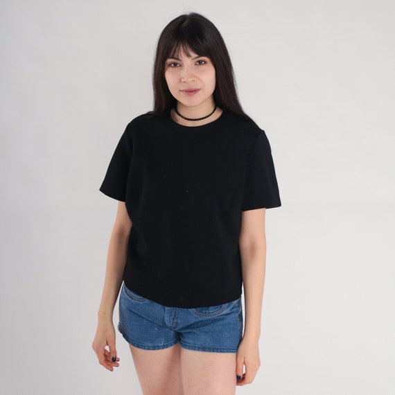Black Wool Shirt 60s Knit Top Mod Blouse Short Sleeve Retro Basic Plain Solid Minimalist Knitwear Sixties Goth Vintage 1960s Medium Large