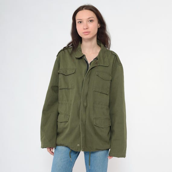 Vintage Olive Green Field Jacket 90s Army Military Cotton Twill Zip Up Front Epaulets Utility 1990s Distressed Cargo Jacket Medium Large