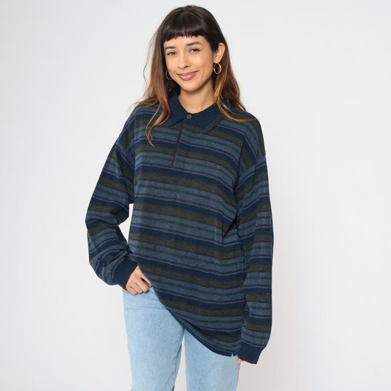 Vintage Y2K Ermenegildo Zegna Polo Sweater Striped Wool Blend Blue Green Long Sleeve Button Collar Italy 2000s Men's Extra Large xl 54